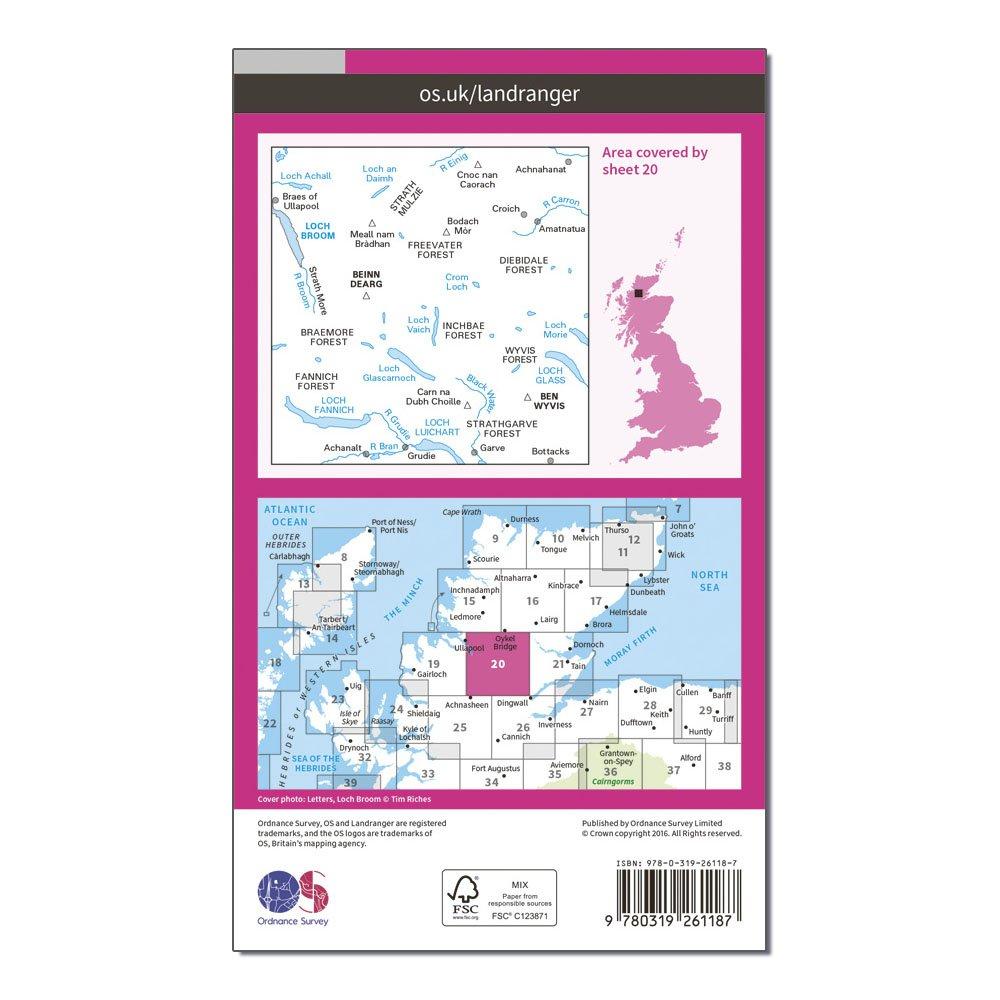 Landranger 20 Beinn Dearg & Loch Broom, Ben Wyvis Map With Digital Version
