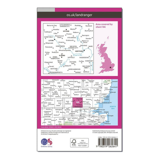 Landranger 166 Luton, Hertford, Hitchin & St Albans Map With Digital Version