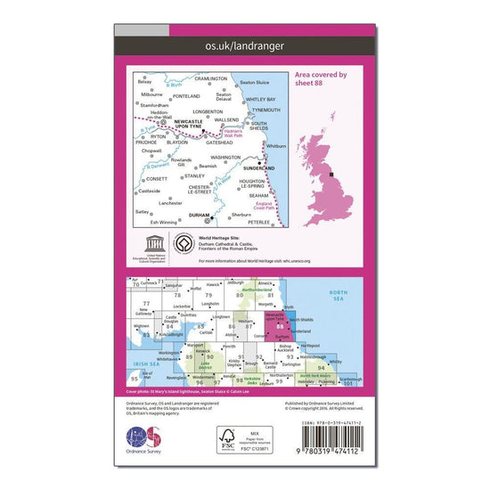 Landranger Active 88 Newcastle upon Tyne, Durham & Sunderland Map With Digital Version