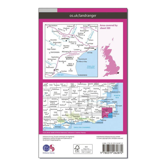 Landranger 189 Ashford & Romney Marsh, Rye & Folkestone Map With Digital Version