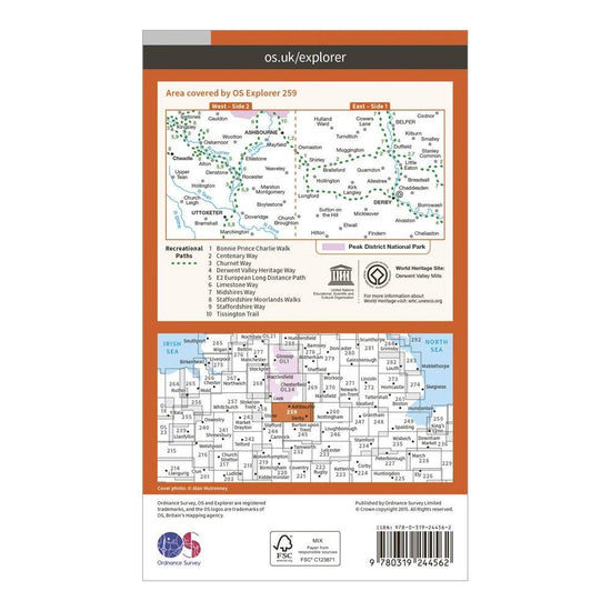 Explorer 259 Derby, Uttoxeter, Ashbourne & Cheadle Map With Digital Version