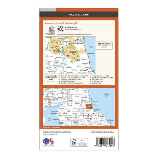Explorer 308 Durham & Sunderland Map With Digital Version