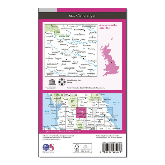 Landranger Active 104 Leeds & Bradford, Harrogate & Ilkley Map With Digital Version