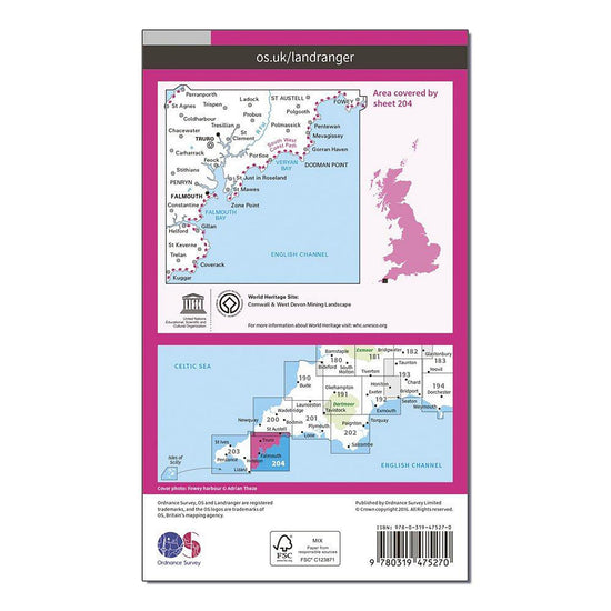 Landranger Active 204 Truro, Falmouth & Roseland Peninsula Map With Digital Version