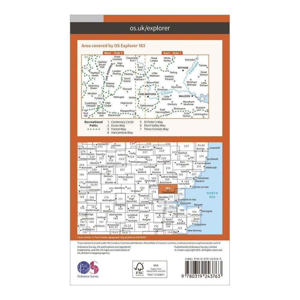 Explorer 183 Chelmsford & The Rodings Map With Digital Version
