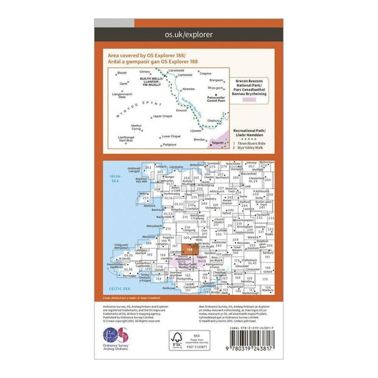 Explorer 188 Builth Wells, Paincastle & Talgarth Map With Digital Version