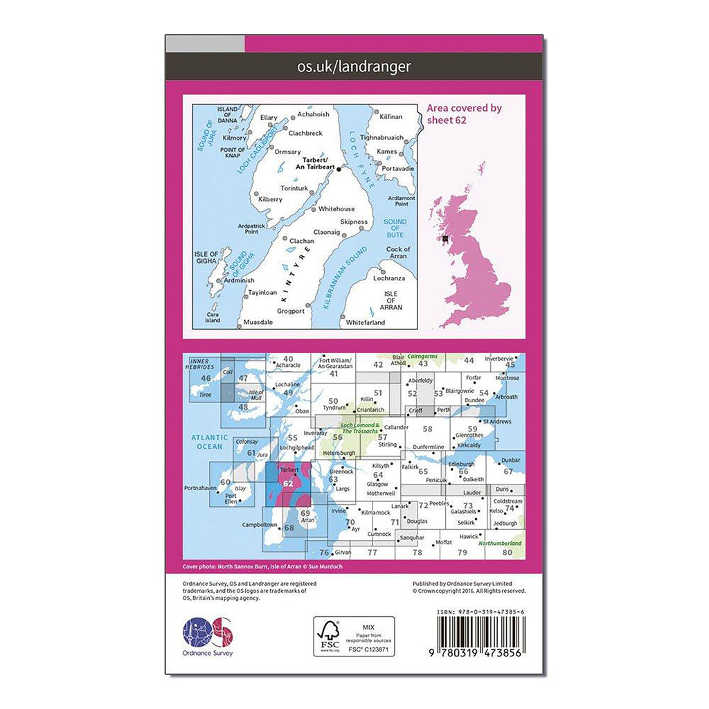 Landranger Active 62 North Kintyre & Tarbert Map With Digital Version