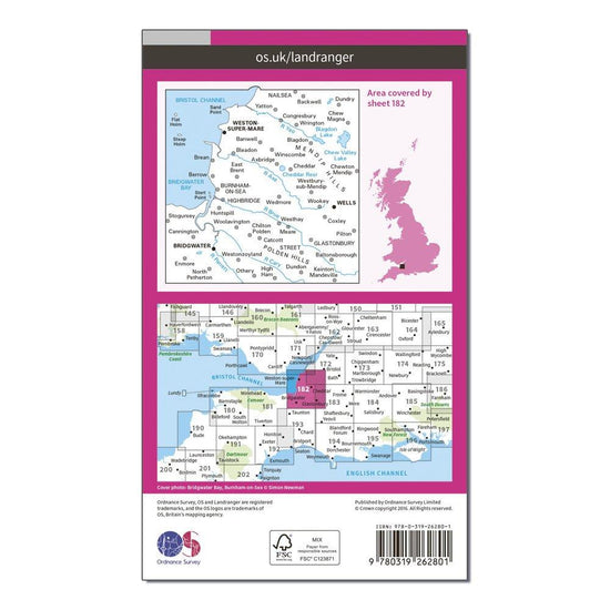 Landranger 182 Weston-super-Mare, Bridgwater & Wells Map With Digital Version