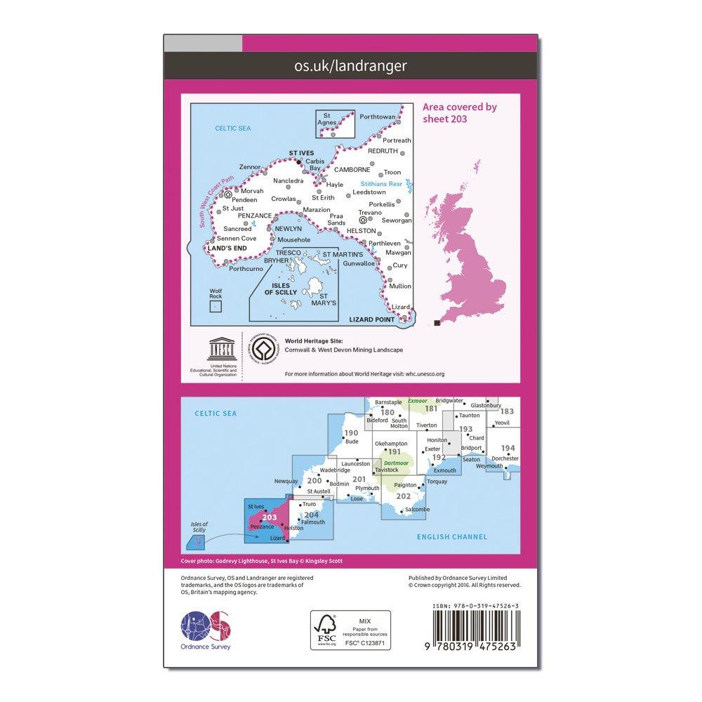 Landranger Active 203 Land's End, Isles of Scilly, St Ives & Lizard Point Map With Digital Version