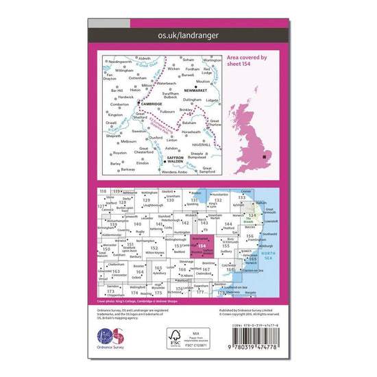 Landranger Active 154 Cambridge, Newmarket & Saffron Walden Map With Digital Version