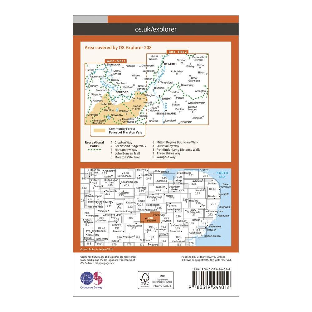 Explorer 208 Bedford, St Neots, Sandy & Biggleswade Map With Digital Version