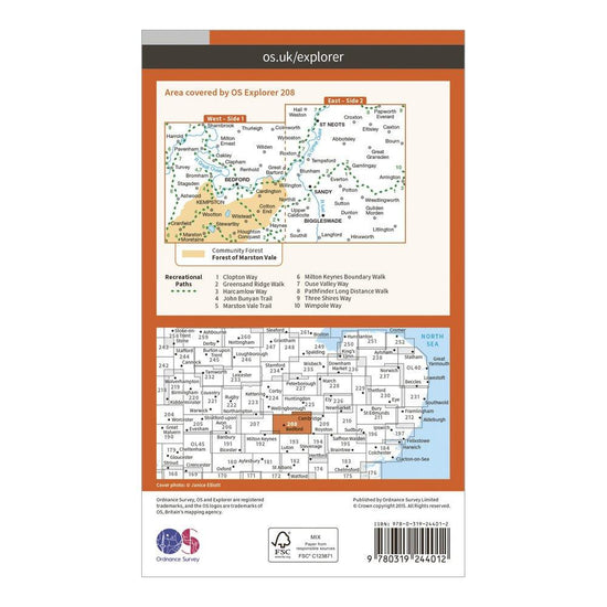 Explorer 208 Bedford, St Neots, Sandy & Biggleswade Map With Digital Version