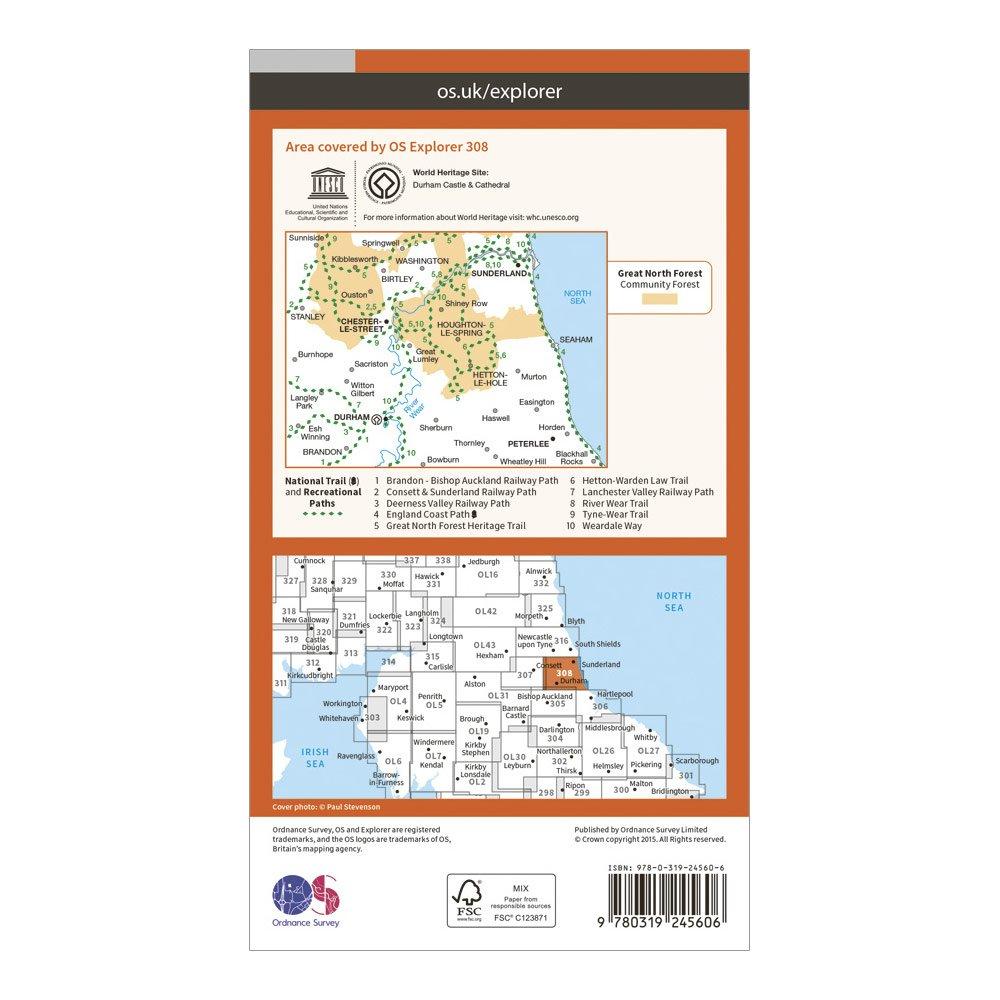 Explorer 308 Durham & Sunderland Map With Digital Version