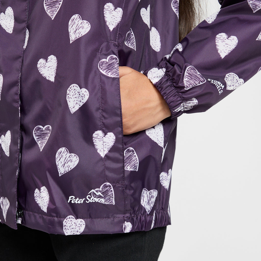 Kids Packable Waterproof Jacket Purple/White Love Hearts