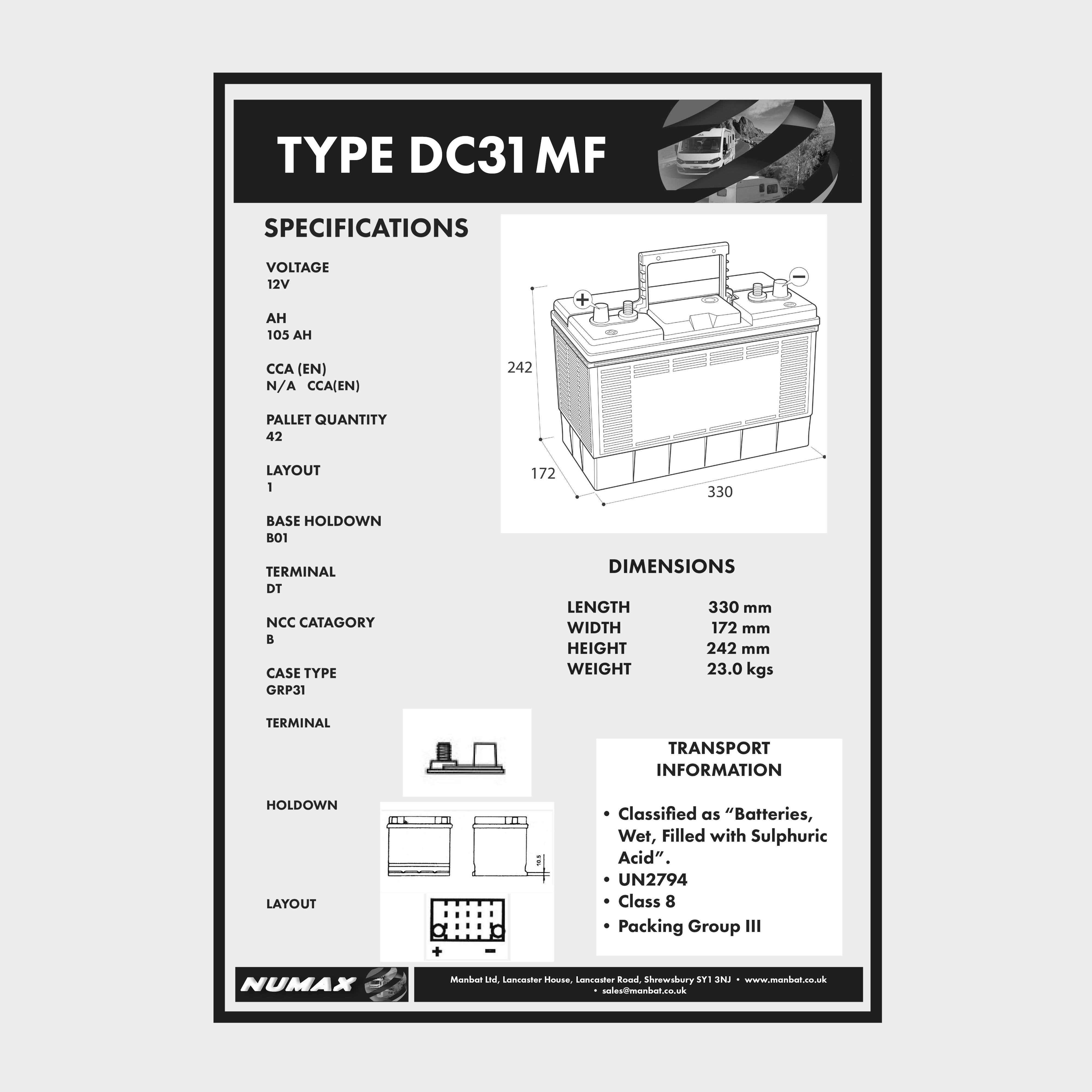 DC31MF 12V 105Ah Sealed Leisure Battery