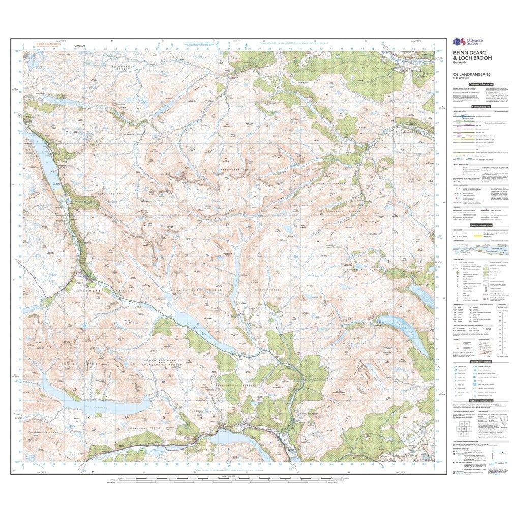 Landranger 20 Beinn Dearg & Loch Broom, Ben Wyvis Map With Digital Version