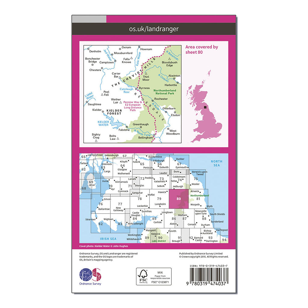 Landranger Active 80 Cheviot Hills & Kielder Water Map With Digital Version