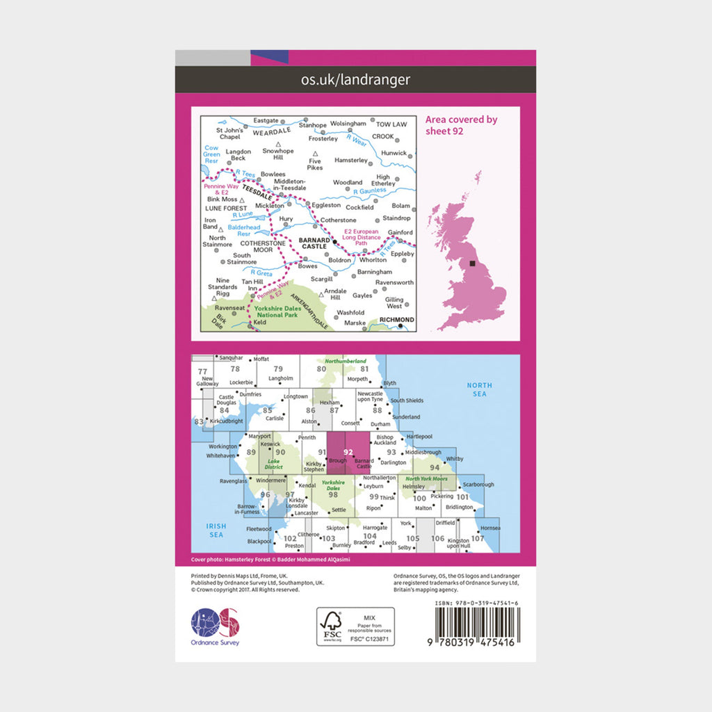 Landranger Active 92 Barnard Castle and surrounding area Map With Digital Version