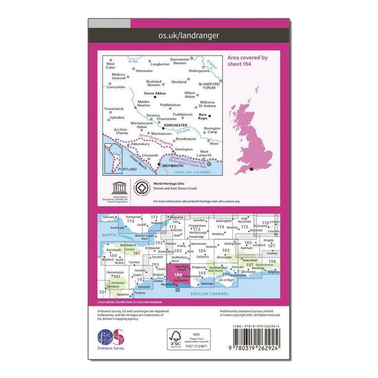 Landranger 194 Dorchester & Weymouth, Cerne Abbas & Bere Regis Map With Digital Version