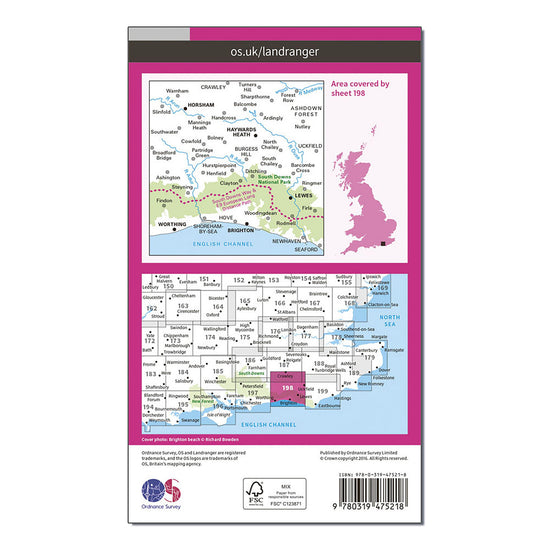 Landranger Active 198 Brighton & Lewes, Haywards Heath Map With Digital Version