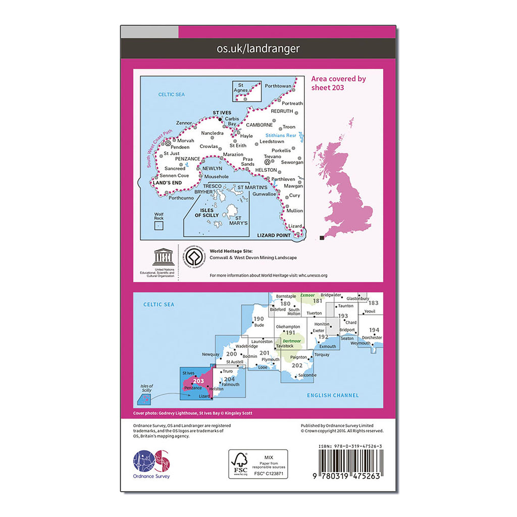 Landranger Active 203 Land's End, Isles of Scilly, St Ives & Lizard Point Map With Digital Version