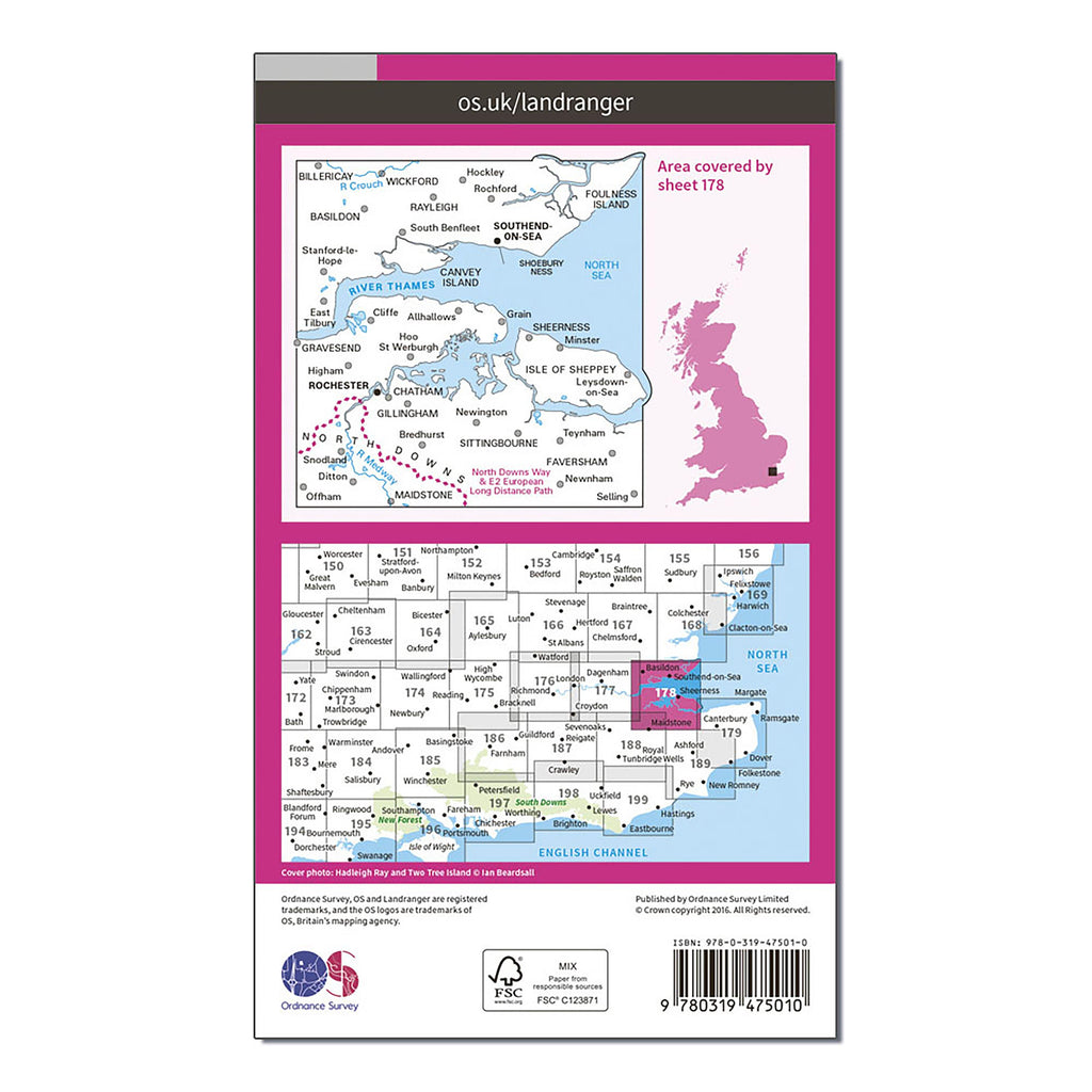 Landranger Active 178 Thames Estuary, Rochester & Southend-on-Sea Map With Digital Version