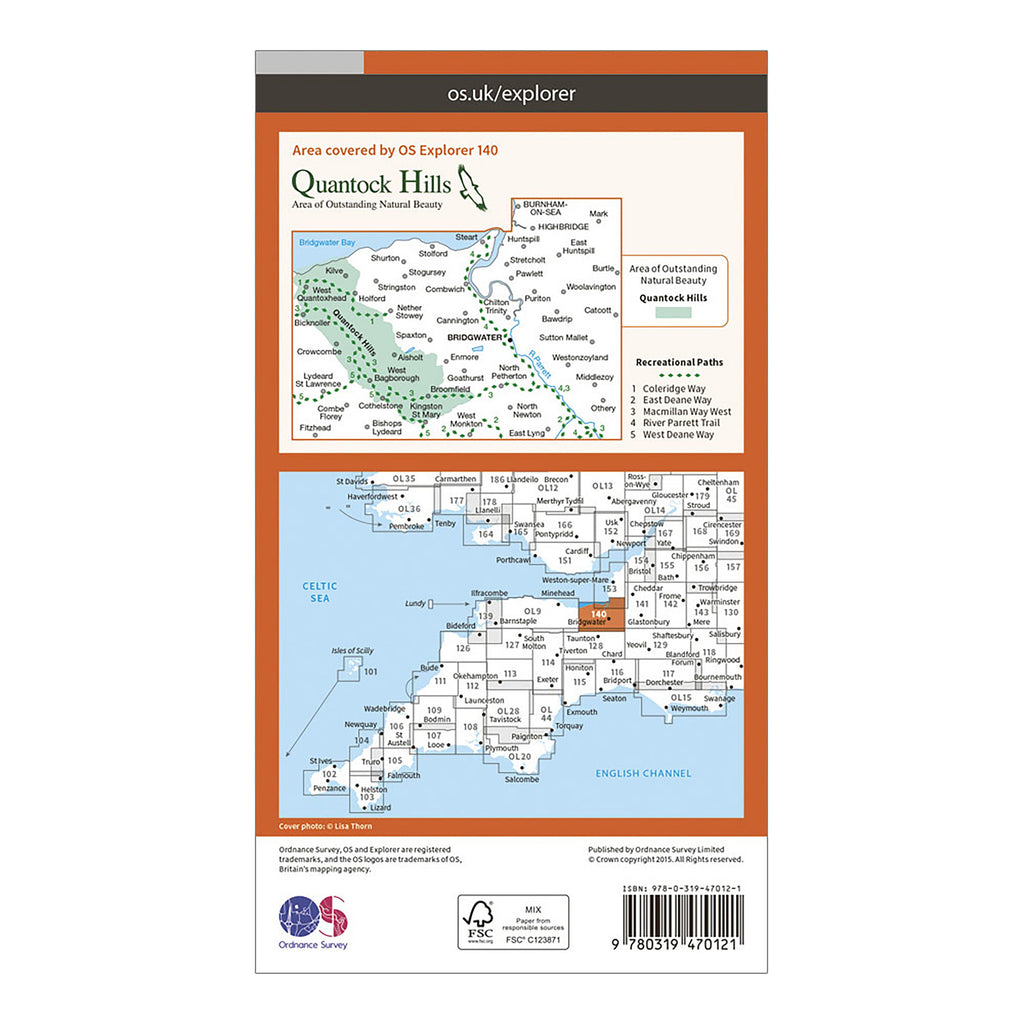 Explorer Active 140 Quantock Hills & Bridgewater Map With Digital Version