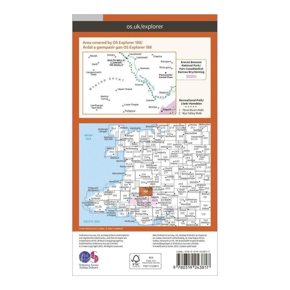Explorer 188 Builth Wells, Paincastle & Talgarth Map With Digital Version