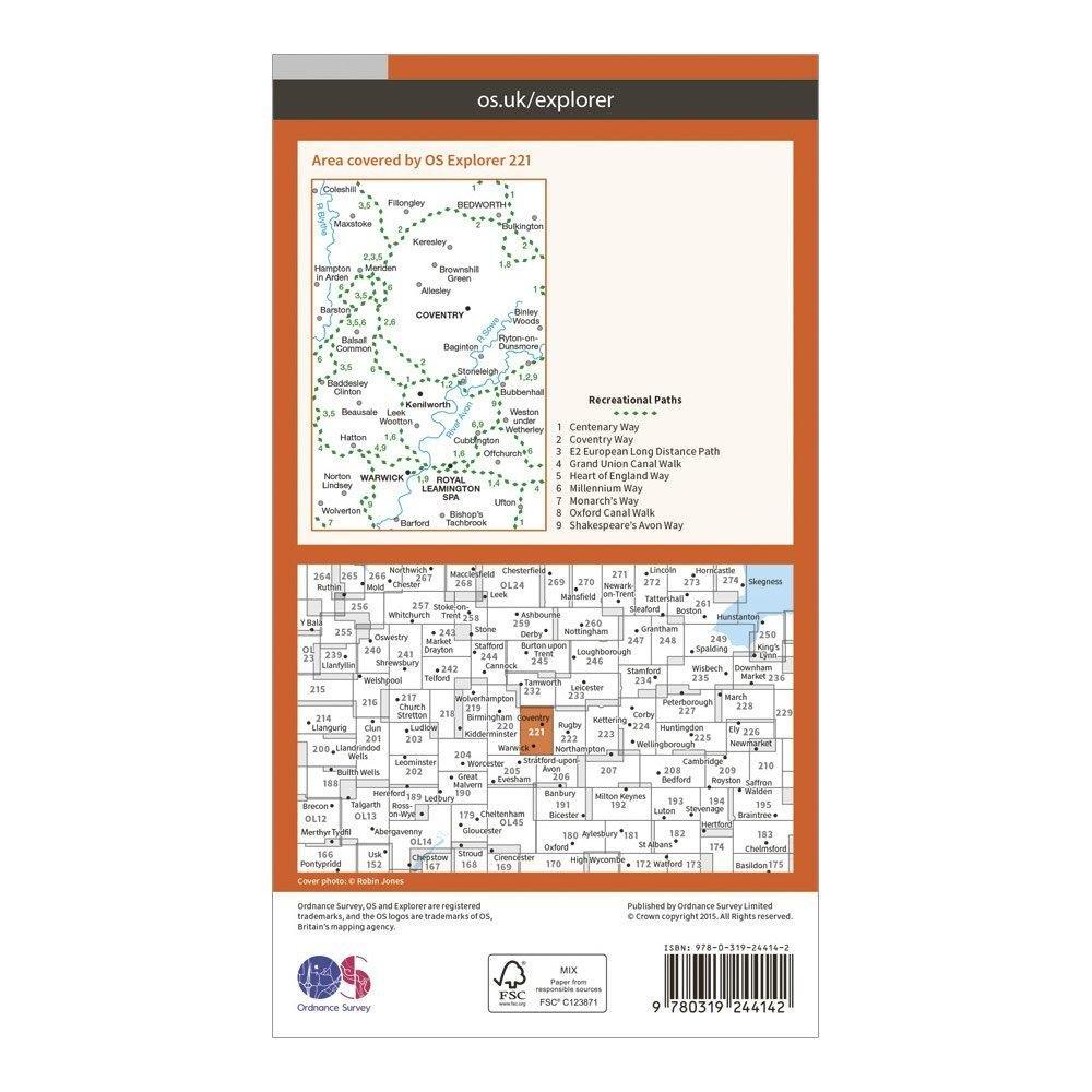 Explorer 221 Coventry, Warwick, Royal Leamington Spa & Kenilworth Map With Digital Version