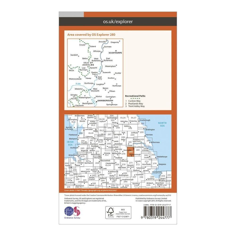 Explorer 280 Isle of Axholme, Scunthorpe & Gainsborough Map With Digital Version