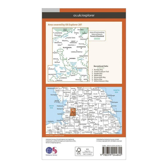 Explorer 287 West Pennine Moors, Blackburn, Darwen & Accrington Map With Digital Version